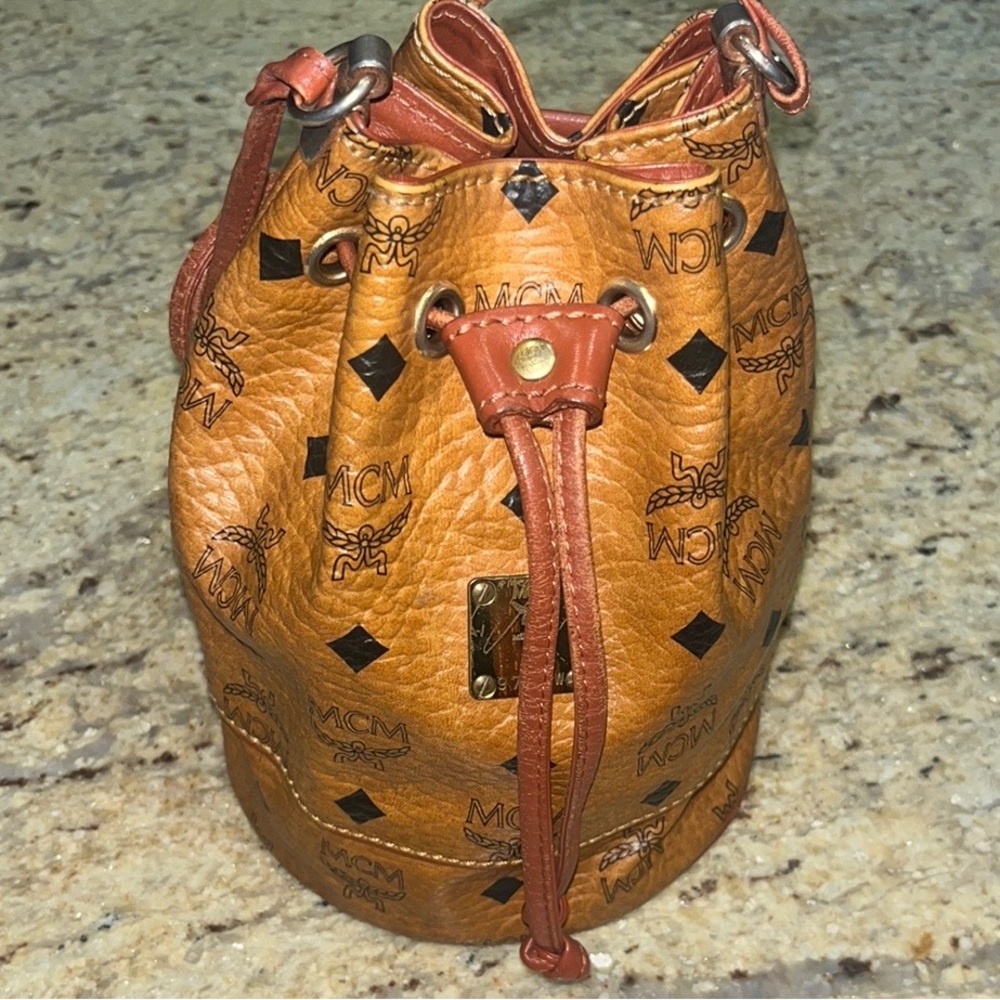 MCM Cognac & Tan Mini Drawstring Bucket Bag
